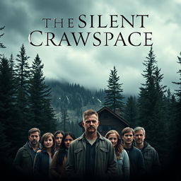 A haunting poster for the movie "The Silent Crawlspace," featuring a remote mountain cabin nestled amidst towering pine trees under an ominous, cloudy sky