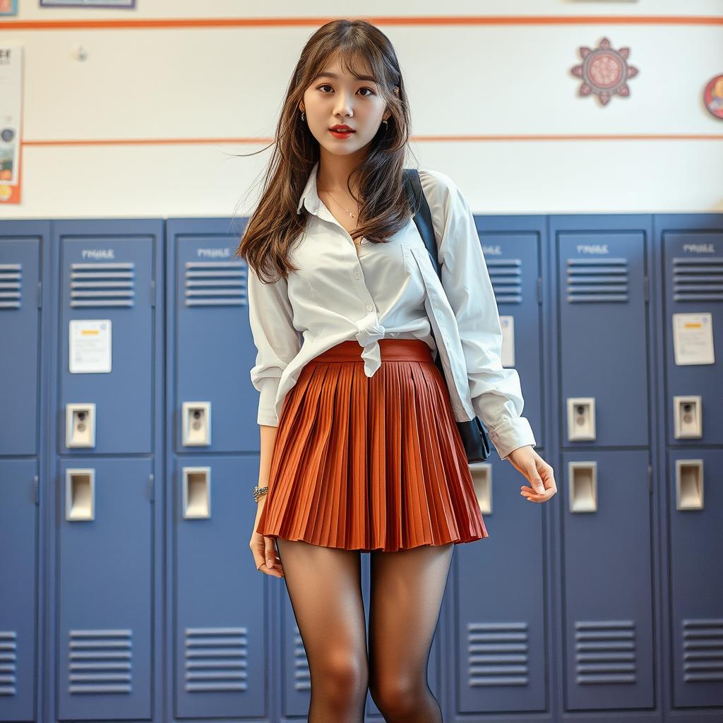 A Korean woman around 18 years old with a stylish, contemporary look, dressed in a modern schoolgirl outfit featuring a short, pleated skirt and long, fashionably sagging stockings