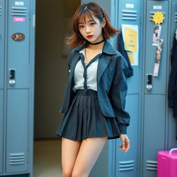 A Korean woman around 18 years old with a stylish, contemporary look, dressed in a modern schoolgirl outfit featuring a short, pleated skirt and long, fashionably sagging stockings