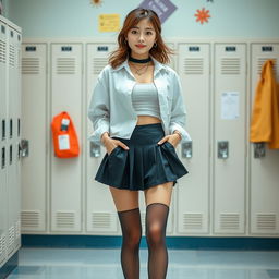 A Korean woman around 18 years old with a stylish, contemporary look, dressed in a modern schoolgirl outfit featuring a short, pleated skirt and long, fashionably sagging stockings