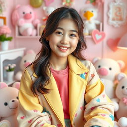 Charming young adult Asian girl with a warm smile and sparkling eyes, dressed in colorful, fashionable attire, sitting in a beautifully decorated and cozy room