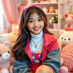 Charming young adult Asian girl with a warm smile and sparkling eyes, dressed in colorful, fashionable attire, sitting in a beautifully decorated and cozy room