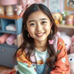 Charming young adult Asian girl with a warm smile and sparkling eyes, dressed in colorful, fashionable attire, sitting in a beautifully decorated and cozy room