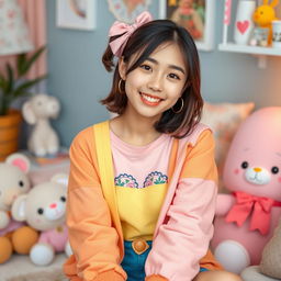 Charming young adult Asian girl with a warm smile and sparkling eyes, dressed in colorful, fashionable attire, sitting in a beautifully decorated and cozy room