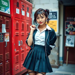 An 18-year-old Korean woman with a vibrant, youthful aura, styled in a contemporary schoolgirl outfit, featuring a short pleated skirt and uniquely sagging stockings