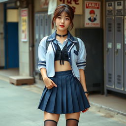 An 18-year-old Korean woman with a vibrant, youthful aura, styled in a contemporary schoolgirl outfit, featuring a short pleated skirt and uniquely sagging stockings