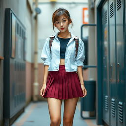 An 18-year-old Korean woman with a vibrant, youthful aura, styled in a contemporary schoolgirl outfit, featuring a short pleated skirt and uniquely sagging stockings