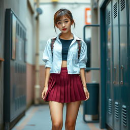 An 18-year-old Korean woman with a vibrant, youthful aura, styled in a contemporary schoolgirl outfit, featuring a short pleated skirt and uniquely sagging stockings