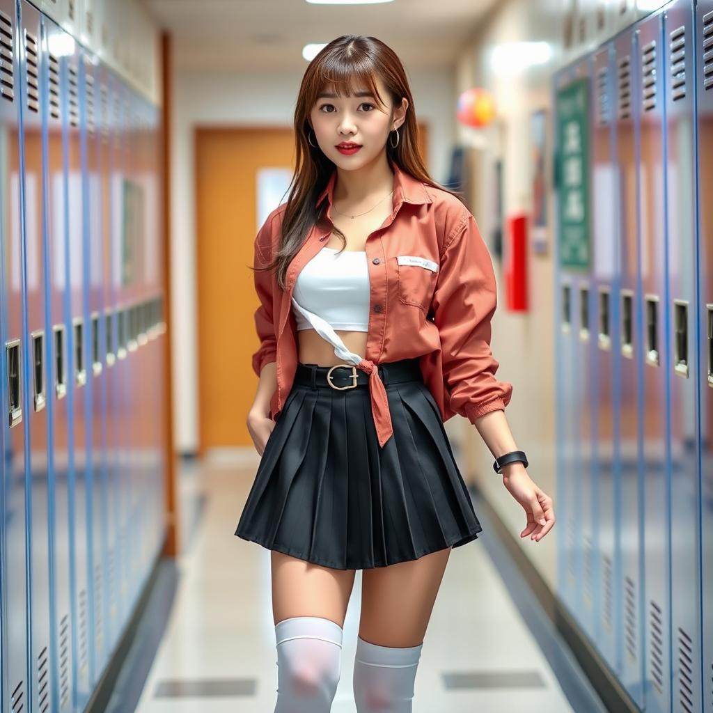 A Korean woman, approximately 18 years old, styled in a playful and modern schoolgirl outfit