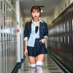 A Korean woman, approximately 18 years old, styled in a playful and modern schoolgirl outfit