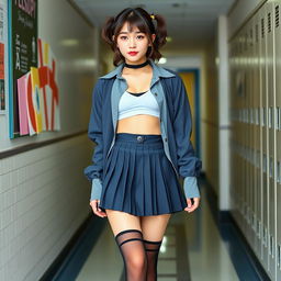 A Korean woman, approximately 18 years old, styled in a playful and modern schoolgirl outfit