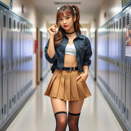 A Korean woman, approximately 18 years old, styled in a playful and modern schoolgirl outfit