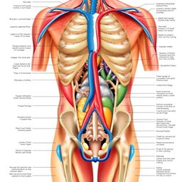 Detailed anatomical illustration of a human body showcasing various physiological systems including the muscular, nervous, circulatory, and skeletal systems