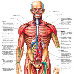 Detailed anatomical illustration of a human body showcasing various physiological systems including the muscular, nervous, circulatory, and skeletal systems