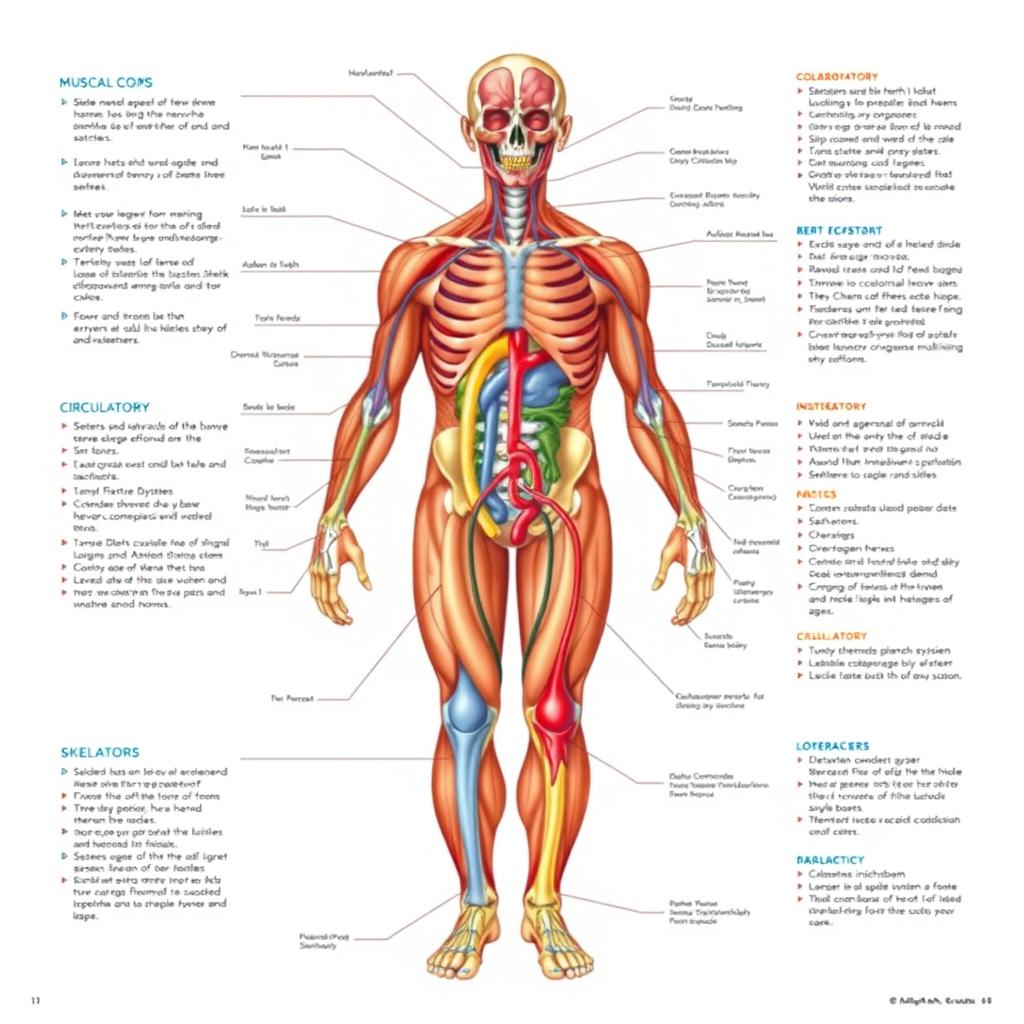 Detailed anatomical illustration of a human body showcasing various physiological systems including the muscular, nervous, circulatory, and skeletal systems