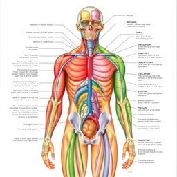 Detailed anatomical illustration of a human body showcasing various physiological systems including the muscular, nervous, circulatory, and skeletal systems