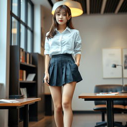 A Korean woman, around 18 years old, styled in an alluring schoolgirl outfit, featuring a short, pleated skirt and fashionably sagging long stockings