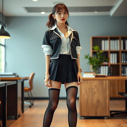 A Korean woman, around 18 years old, styled in an alluring schoolgirl outfit, featuring a short, pleated skirt and fashionably sagging long stockings