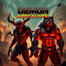 A striking movie poster titled 'Demon Apocalypse', featuring a menacing demon and an overly muscular wolfman standing side by side