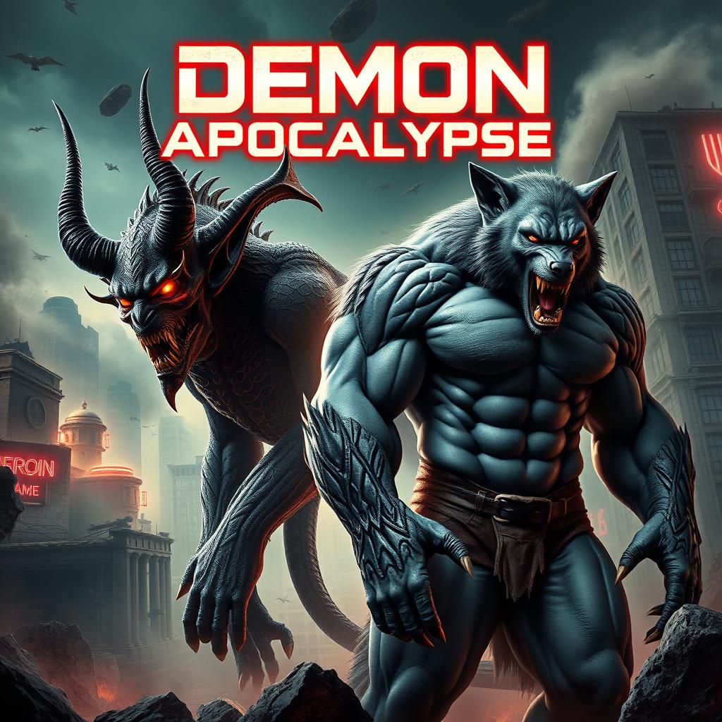 A striking movie poster titled 'Demon Apocalypse', featuring a menacing demon and an overly muscular wolfman standing side by side