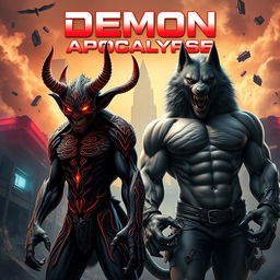 A striking movie poster titled 'Demon Apocalypse', featuring a menacing demon and an overly muscular wolfman standing side by side