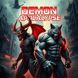 A striking movie poster titled 'Demon Apocalypse', featuring a menacing demon and an overly muscular wolfman standing side by side