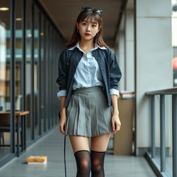 A Korean woman, approximately 18 years old, styled in a contemporary schoolgirl outfit, including a short, fashionable pleated skirt and long, casually sagging stockings