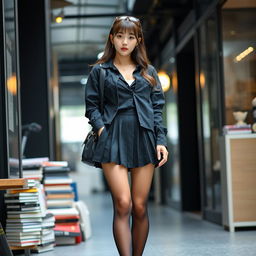 A Korean woman, approximately 18 years old, styled in a contemporary schoolgirl outfit, including a short, fashionable pleated skirt and long, casually sagging stockings