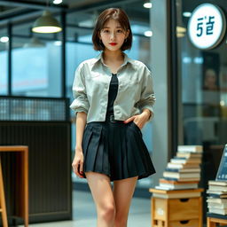 A Korean woman, approximately 18 years old, styled in a contemporary schoolgirl outfit, including a short, fashionable pleated skirt and long, casually sagging stockings