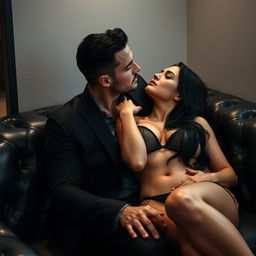 A handsome, muscular white man with blue eyes and black hair, wearing a suit with three buttons open on his shirt, sits on a black leather sofa in the corner of an office