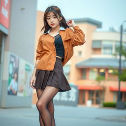 A Korean woman, approximately 18 years old, styled in a schoolgirl outfit