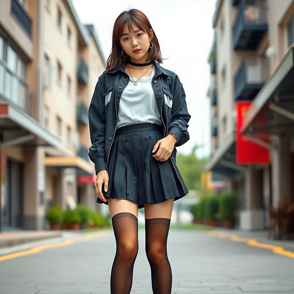 A Korean woman, approximately 18 years old, styled in a schoolgirl outfit