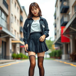 A Korean woman, approximately 18 years old, styled in a schoolgirl outfit