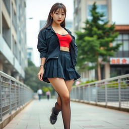 A Korean woman, approximately 18 years old, styled in a schoolgirl outfit