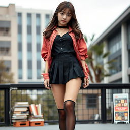 A Korean woman, approximately 18 years old, styled in a schoolgirl outfit