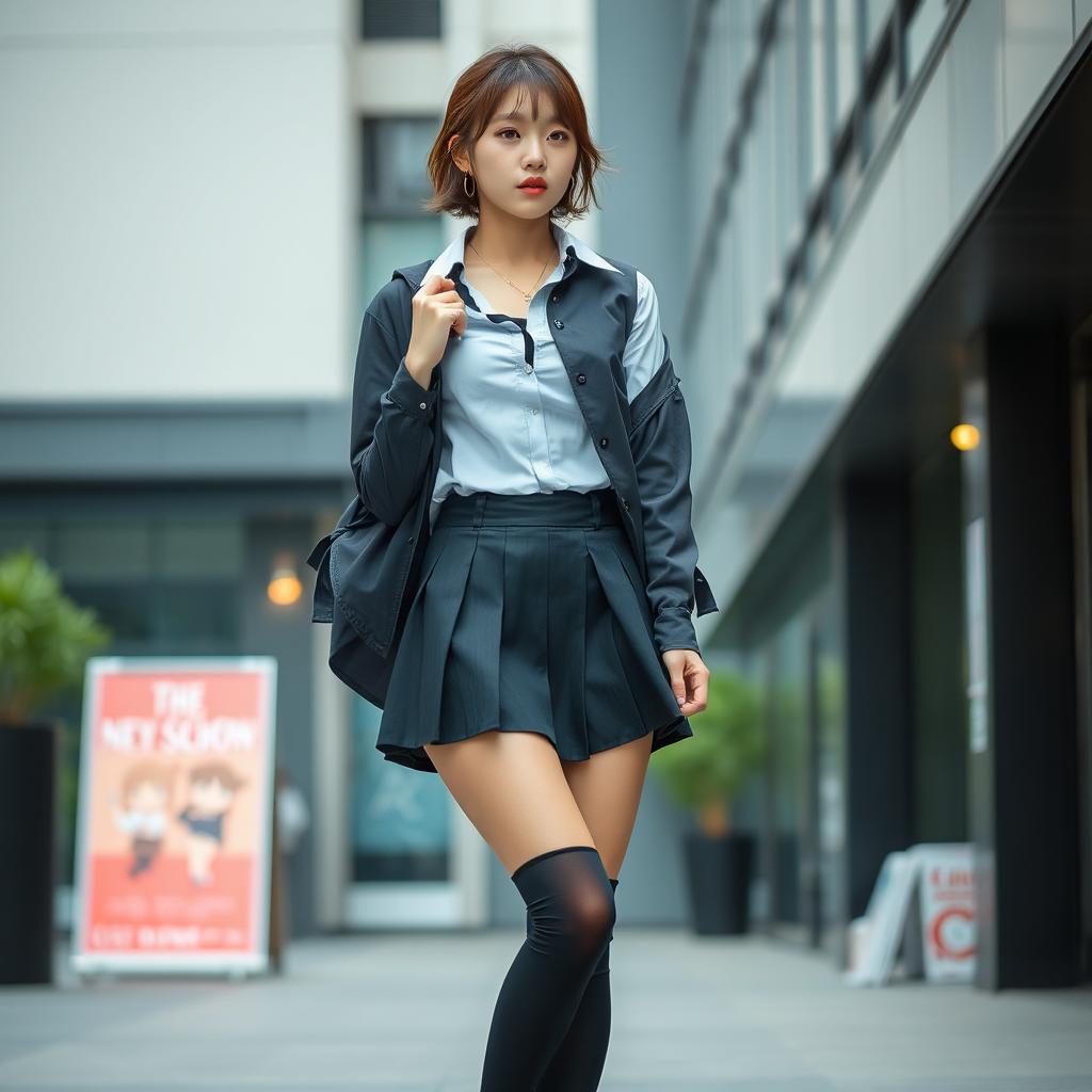 Korean woman, about 18 years old, styled in a trendy schoolgirl outfit with a short pleated skirt and long, sagging stockings