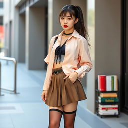 Korean woman, about 18 years old, styled in a trendy schoolgirl outfit with a short pleated skirt and long, sagging stockings