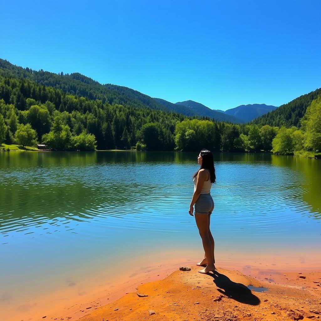 A serene landscape with a person standing at the edge of a tranquil lake, surrounded by lush green trees and distant mountains under a clear blue sky