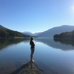 A serene landscape with a person standing at the edge of a tranquil lake, surrounded by lush green trees and distant mountains under a clear blue sky