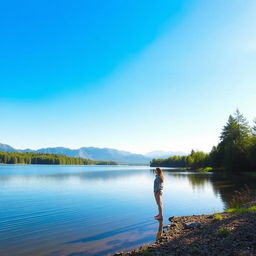 A serene landscape with a person standing at the edge of a tranquil lake, surrounded by lush green trees and distant mountains under a clear blue sky