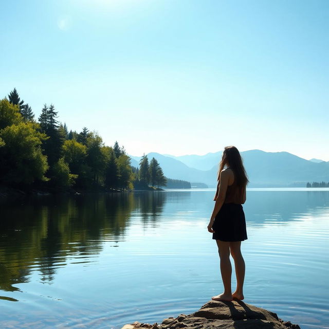 A serene landscape with a person standing at the edge of a tranquil lake, surrounded by lush green trees and distant mountains under a clear blue sky