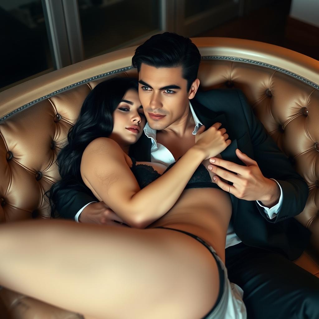 A handsome man with black hair and blue eyes, wearing a suit with his shirt open, embraces a white woman with black hair in lingerie as they lie on a sensual sofa