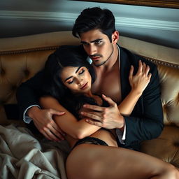 A handsome man with black hair and blue eyes, wearing a suit with his shirt open, embraces a white woman with black hair in lingerie as they lie on a sensual sofa