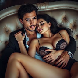 A handsome man with black hair and blue eyes, wearing a suit with his shirt open, embraces a white woman with black hair in lingerie as they lie on a sensual sofa