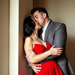 A strong white man with black hair wearing a suit embraces a white woman with black hair, who is leaning against a wall in a red dress