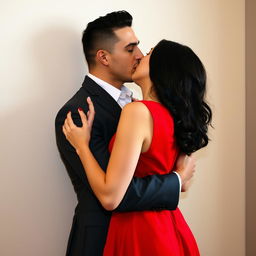 A strong white man with black hair wearing a suit embraces a white woman with black hair, who is leaning against a wall in a red dress