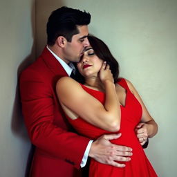 A strong white man with black hair wearing a suit embraces a white woman with black hair, who is leaning against a wall in a red dress