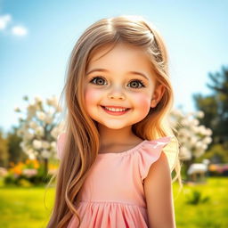 A cute girl with an endearing smile, wearing a pastel-colored dress