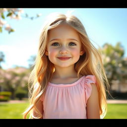 A cute girl with an endearing smile, wearing a pastel-colored dress