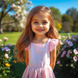 A cute girl with an endearing smile, wearing a pastel-colored dress